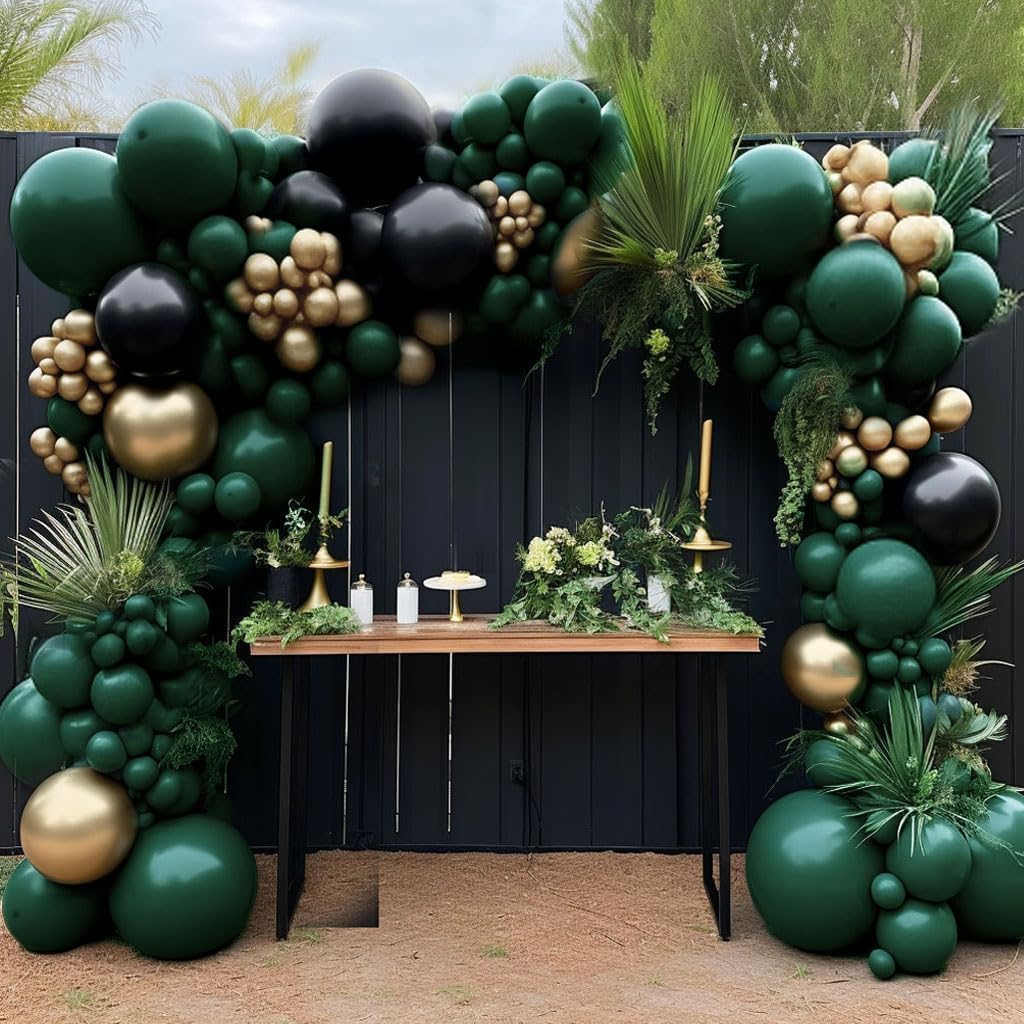 Balloon Arch Kit - Schwarz-Grün-Gold Ballongirlande, doppelt gefüllte dunkelgrüne Wald-Ballons,